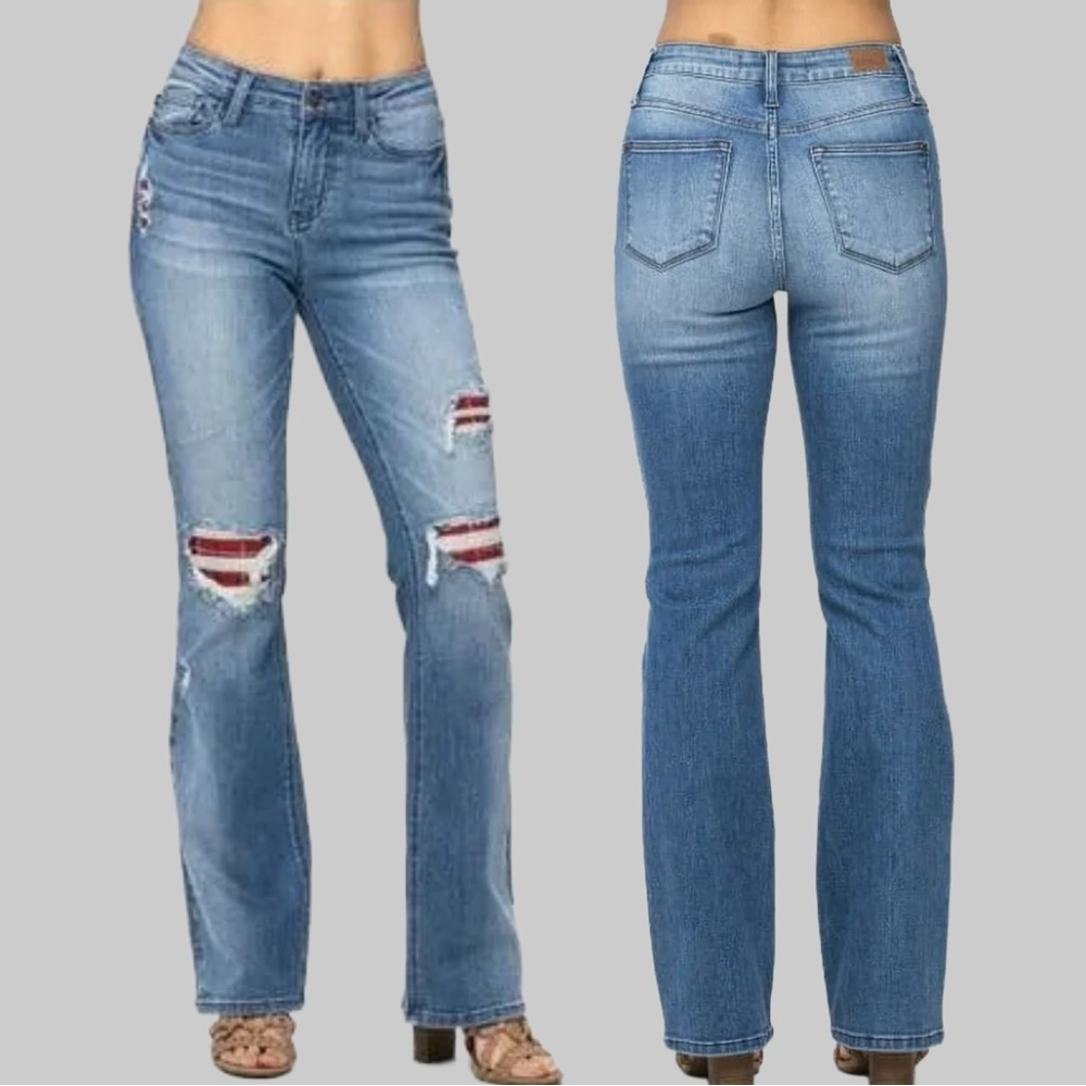 NWT JUDY BLUE Mid Rise Plaid Patch Bootcut Jeans size 7/28 Medium Wash